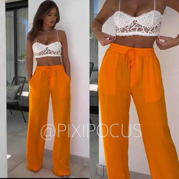 ZARA WIDE LEG PAJAMA STYLE SATIN PANTS ORANGE - Picture 1 of 13